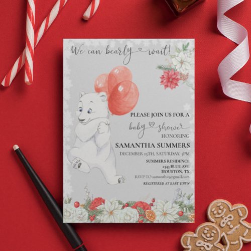 We can Bearly Wait Christmas Polar Bear Balloon  Invitation