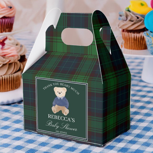 We can bearly wait classic plaid baby shower favor boxes (We can bearly wait classic green plaid polo teddy bear baby shower favors personalized favor boxes)