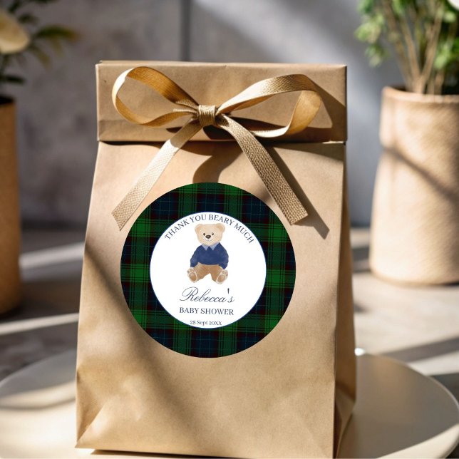 We can bearly wait classic plaid baby shower favor classic round sticker (We can bearly wait green plaid  polo teddy bear baby shower favor stickers)