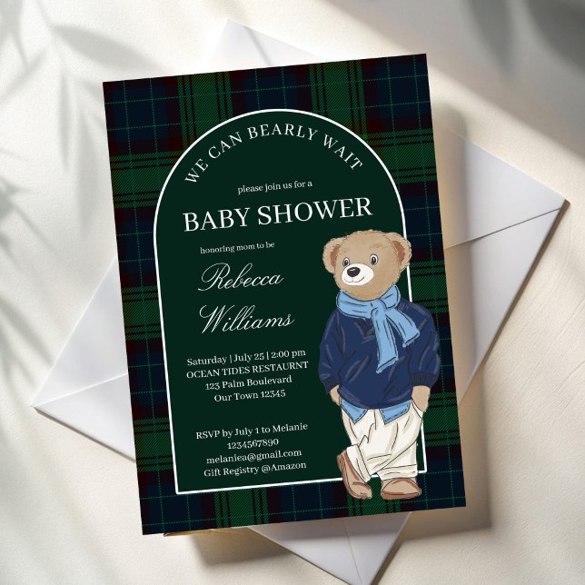 We can bearly wait classic plaid baby shower invitation (We can bearly wait emerald green classic plaid teddy  bear baby shower invitation cards template)