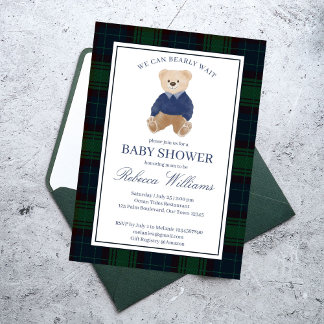 We can bearly wait classic plaid baby shower invitation
