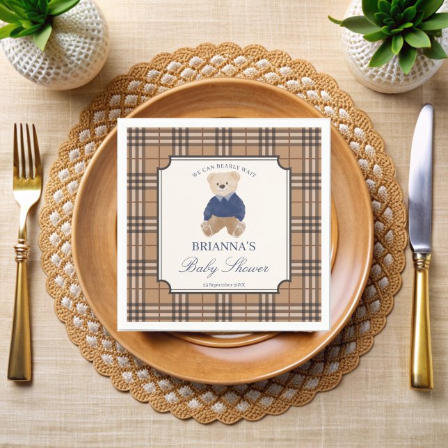 We can bearly wait classic plaid baby shower napkins (We can bearly wait classic brown plaid teddy bear baby shower printed napkins personalized decor)