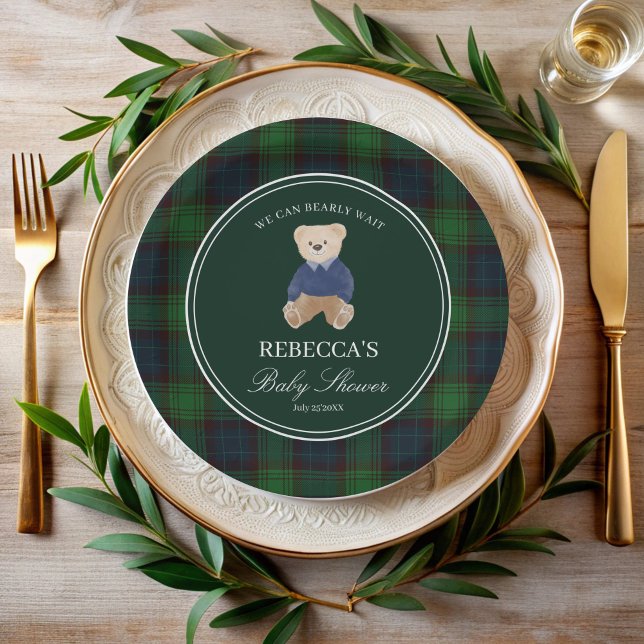 We can bearly wait classic plaid baby shower paper plates (We can bearly wait green plaid  classic polo teddy bear baby shower personalized paper plates)