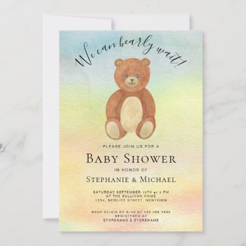 We Can Bearly Wait Couples Watercolor Baby Shower  Invitation