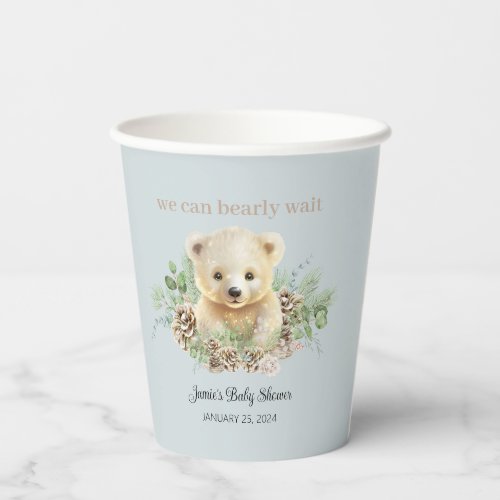 We Can Bearly Wait Cub Bear Blue Boy Baby Shower Paper Cups