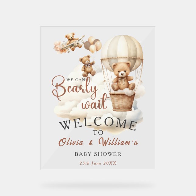 We Can Bearly Wait Cub Brown Baby Shower Acrylic Sign (Front)