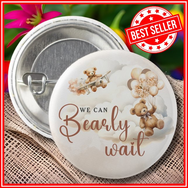 We Can Bearly Wait Cub Brown Baby Shower Button (Creator Uploaded)