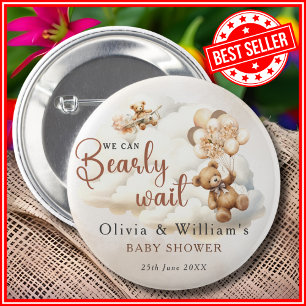 We Can Bearly Wait Cub Brown Baby Shower Button