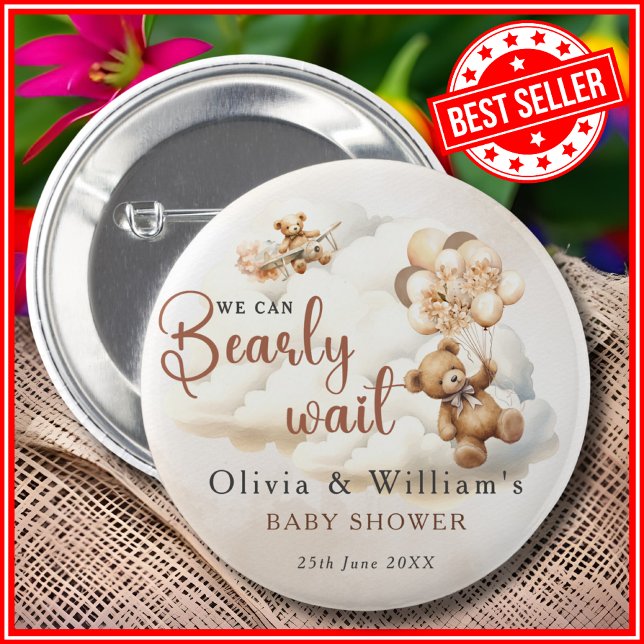 We Can Bearly Wait Cub Brown Baby Shower Button (Creator Uploaded)