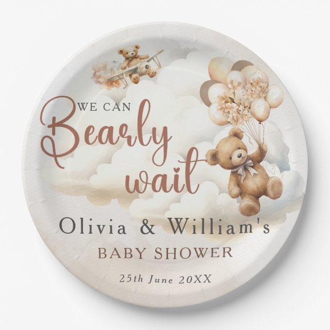 We Can Bearly Wait Cub Brown Baby Shower Paper Plates (Front)