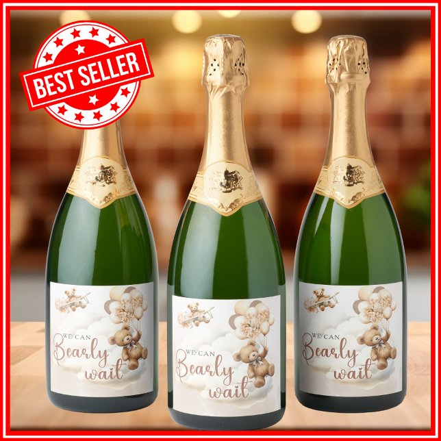 We Can Bearly Wait Cub Brown Baby Shower Sparkling Wine Label (Creator Uploaded)