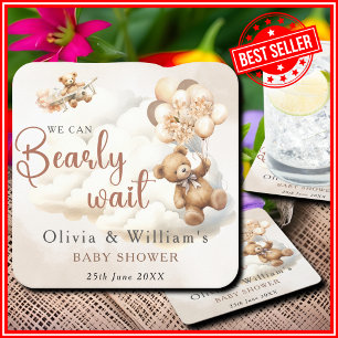 We Can Bearly Wait Cub Brown Baby Shower Square Paper Coaster