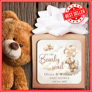 We Can Bearly Wait Cub Brown Baby Shower Square Sticker