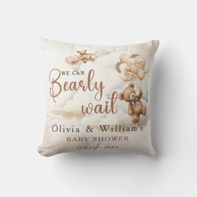We Can Bearly Wait Cub Brown Baby Shower Throw Pillow (Front)