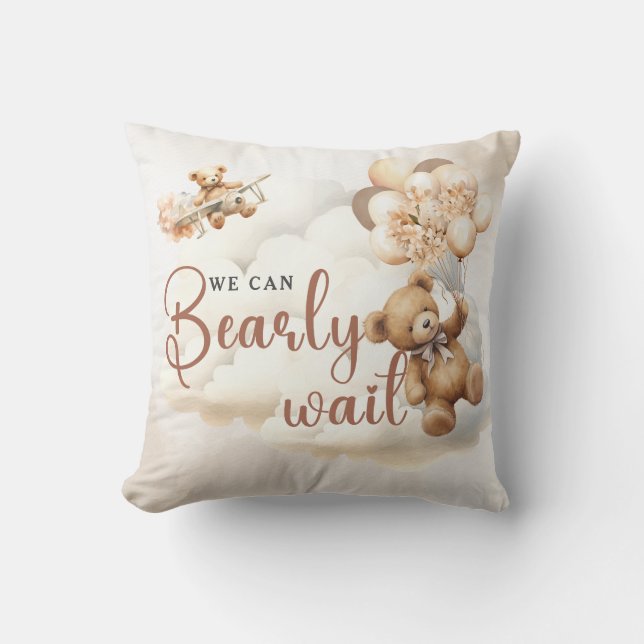 We Can Bearly Wait Cub Brown Baby Shower Throw Pillow (Front)