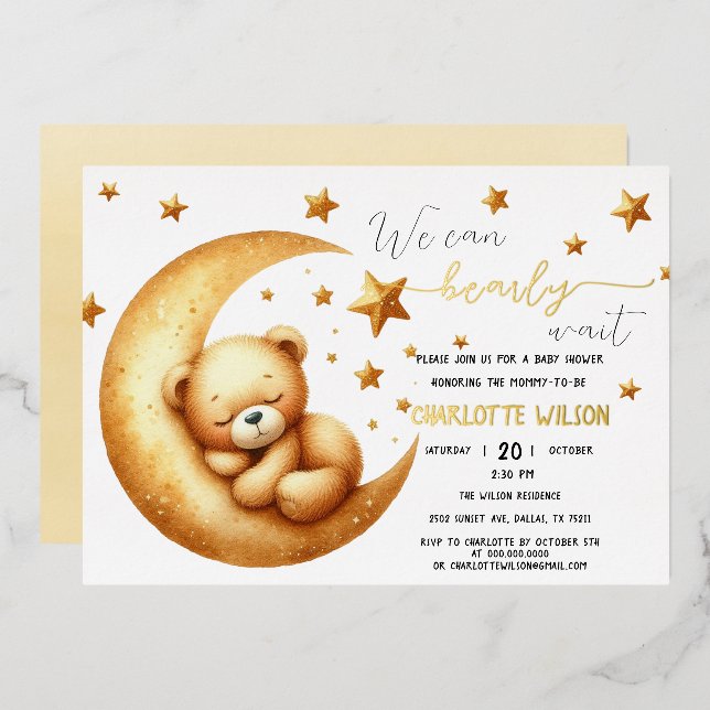 We Can Bearly Wait Cute Baby Bear Baby Shower Foil Invitation (Front/Back)