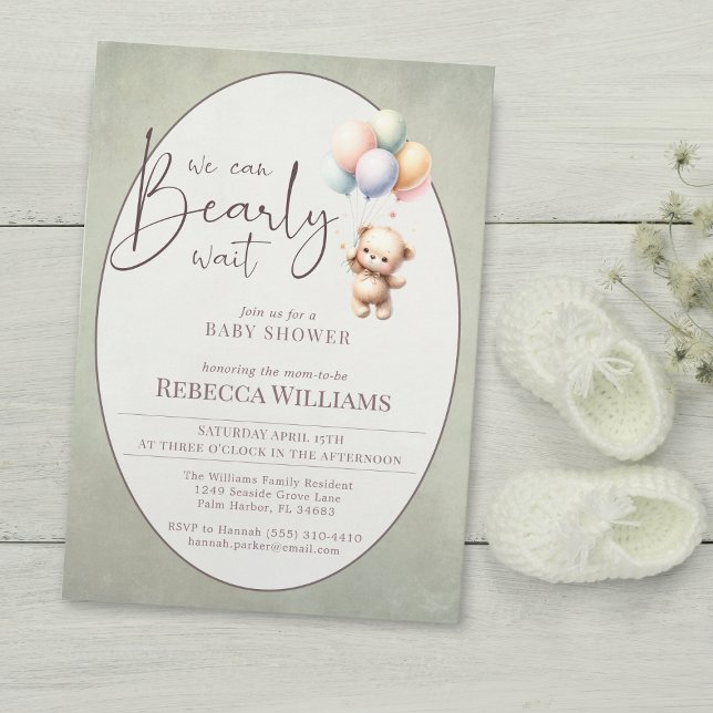 We can bearly wait cute bear balloon baby shower invitation (Creator Uploaded)