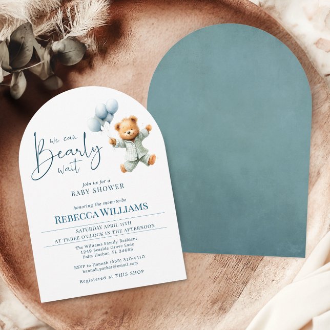 We can bearly wait cute bear balloon baby shower invitation (Creator Uploaded)