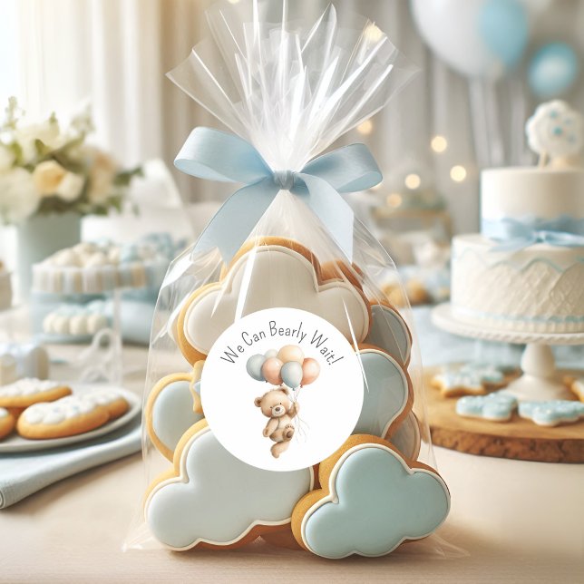 We Can Bearly Wait Cute Bear Boy Baby Shower Classic Round Sticker (Creator Uploaded)