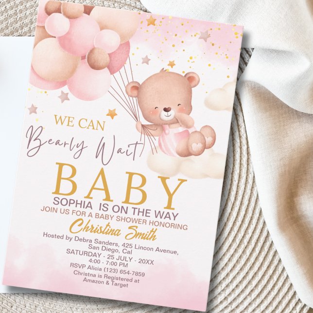We Can Bearly Wait Cute Bear Girl Baby Shower Invitation (Creator Uploaded)