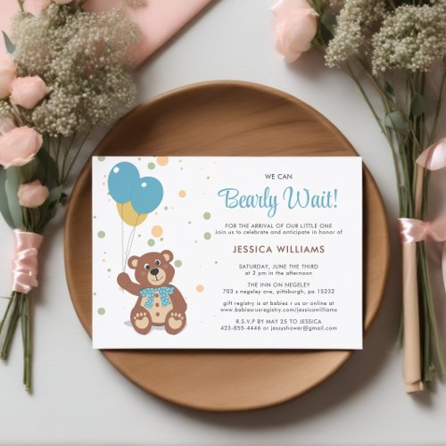 We Can Bearly Wait Cute Bear Theme Boy Baby Shower Invitation