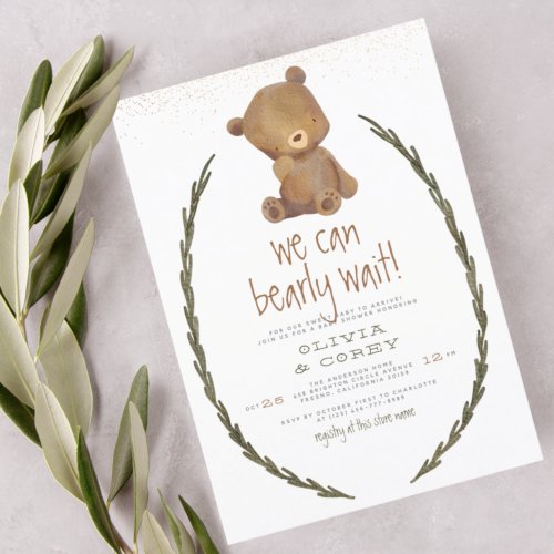 We Can Bearly Wait Cute Bear  Wreath Baby Shower Invitation
