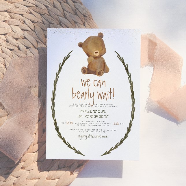 We Can Bearly Wait Cute Bear & Wreath Baby Shower Invitation (Creator Uploaded)