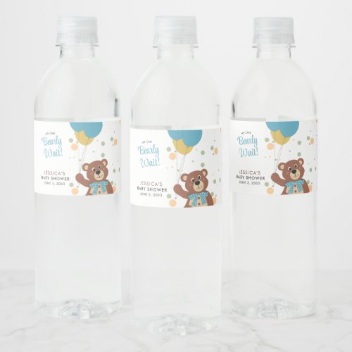 We Can Bearly Wait Cute Blue Baby Shower Favor Water Bottle Label