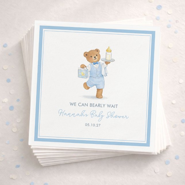 We Can Bearly Wait Cute Blue Boy Teddy Baby Shower Napkins (Creator Uploaded)