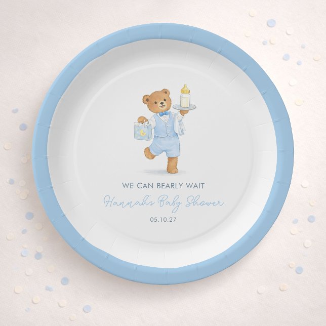 We Can Bearly Wait Cute Blue Boy Teddy Baby Shower Paper Plates (Creator Uploaded)