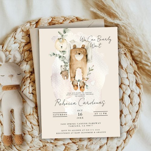 We Can Bearly Wait  Cute Boho Baby Shower  Invitation