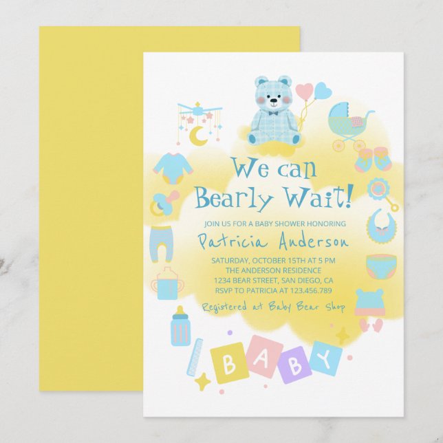 We Can Bearly Wait Cute Boy Baby Shower Invitation (Front/Back)