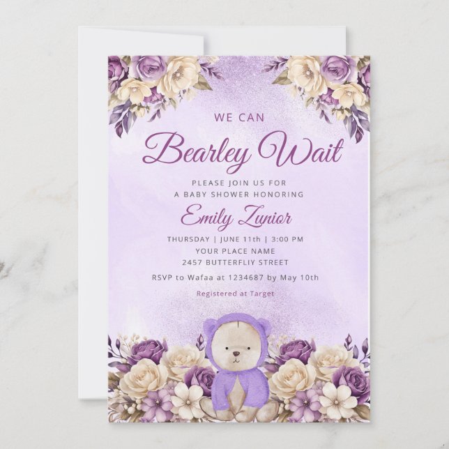 We can bearly wait cute floral purple baby shower invitation (Front)