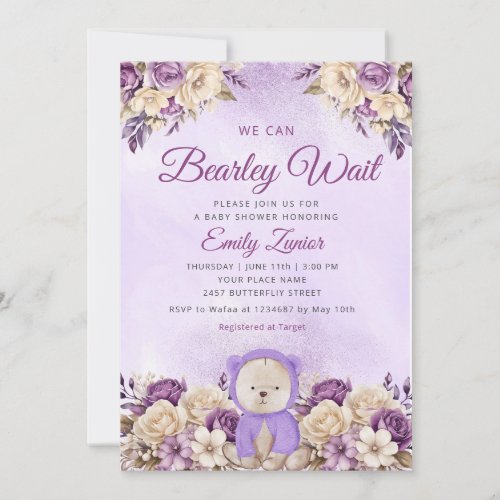 We can bearly wait cute floral purple baby shower invitation