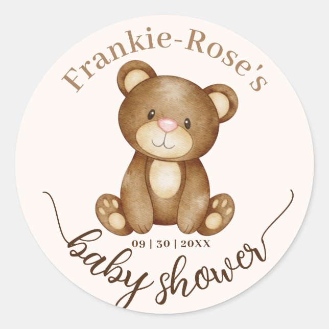 We can Bearly Wait! Cute Personalized Baby Shower Classic Round Sticker (Front)