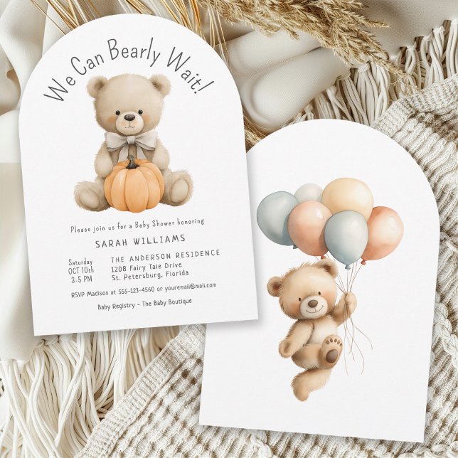 We Can Bearly Wait Cute Pumpkin Boy Baby Shower Invitation (Available in both printed and instant download digital formats.)