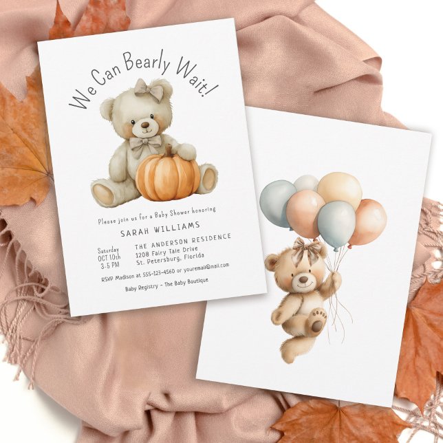 We Can Bearly Wait Cute Pumpkin Girl Baby Shower Invitation (Available in both printed and instant download digital formats.)