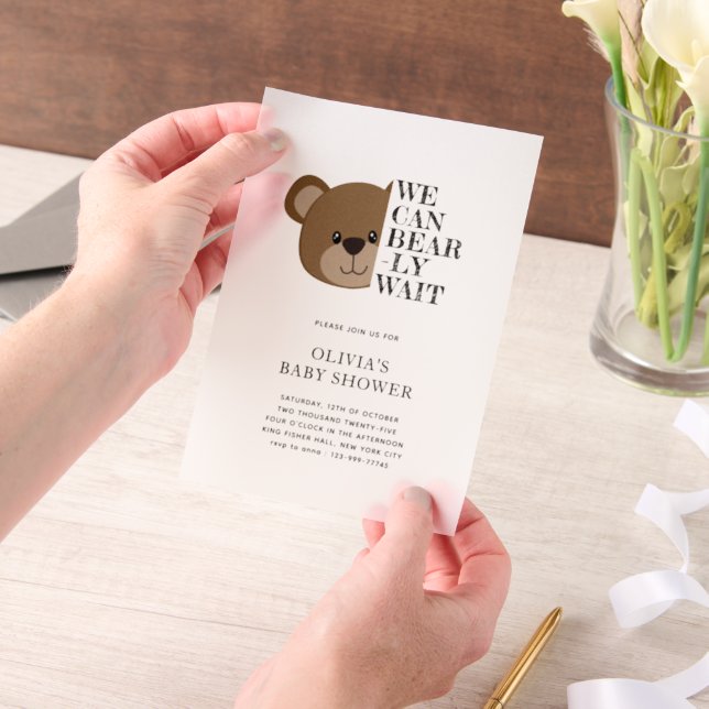 We Can Bearly Wait | Cute Teddy Bear Baby Shower Vellum Invitations (Handheld)