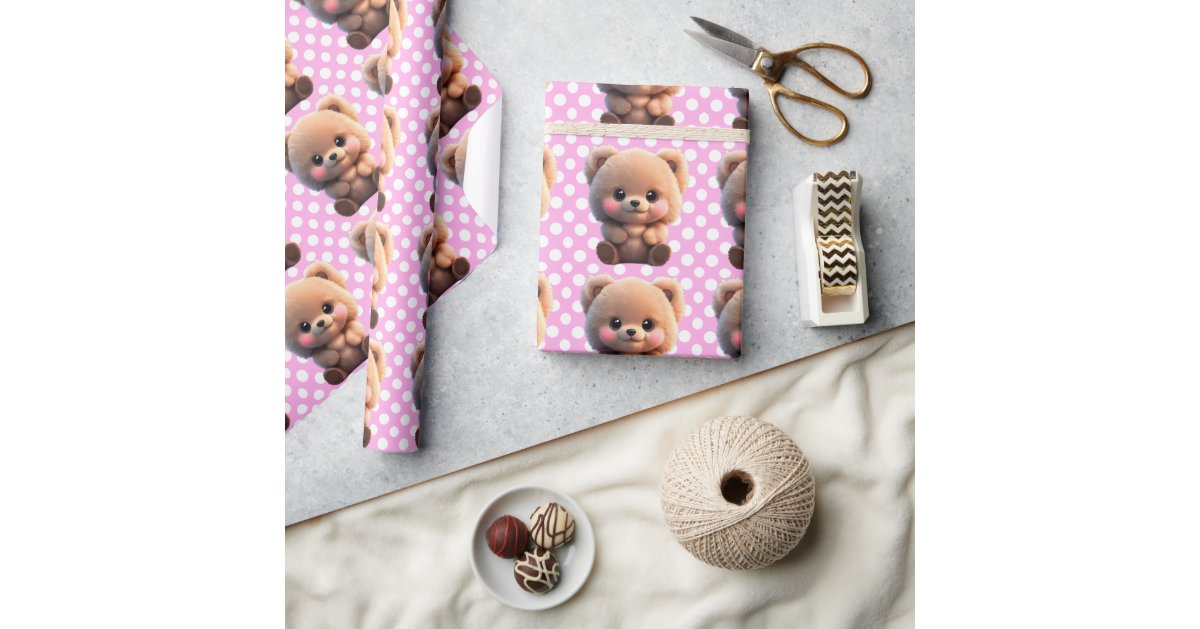We can Bearly Wait cute teddy bear Polka dots Wrapping Paper | Zazzle