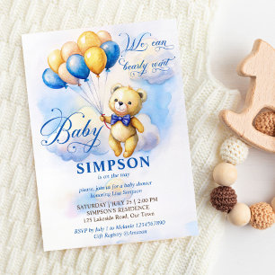 We can bearly wait cute teddy blue gold balloons invitation