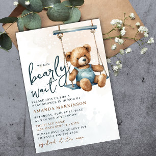 We Can Bearly Wait Denim Teddy Bear Baby Shower Invitation