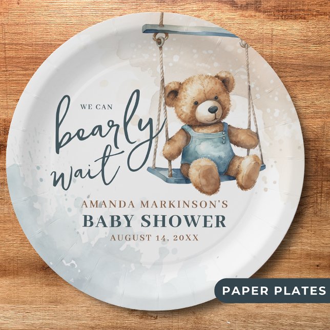 We Can Bearly Wait Denim Teddy Bear Baby Shower Paper Plates (Creator Uploaded)