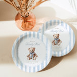 We Can Bearly Wait Elegant Baby Shower Paper Plates<br><div class="desc">Add a touch of vintage charm to your table with this grandmillennial baby shower plate. Featuring soft watercolor stripes,  a classic teddy bear,  and elegant typography,  it’s the perfect blend of sweet and timeless.</div>
