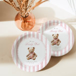 We Can Bearly Wait Elegant Baby Shower Paper Plates<br><div class="desc">Add a touch of vintage charm to your table with this grandmillennial baby shower plate. Featuring soft watercolor stripes,  a classic teddy bear,  and elegant typography,  it’s the perfect blend of sweet and timeless.</div>