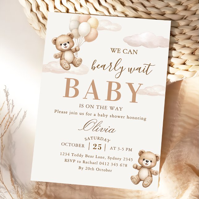 We Can Bearly Wait Elegant Teddy Baby Shower Invitation (Creator Uploaded)