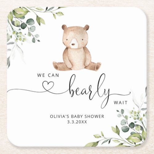 We can bearly wait eucalyptus baby shower square paper coaster