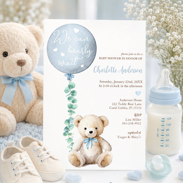 We Can Bearly Wait Eucalyptus Bear Baby Shower Invitation (Bearly Wait Invite)