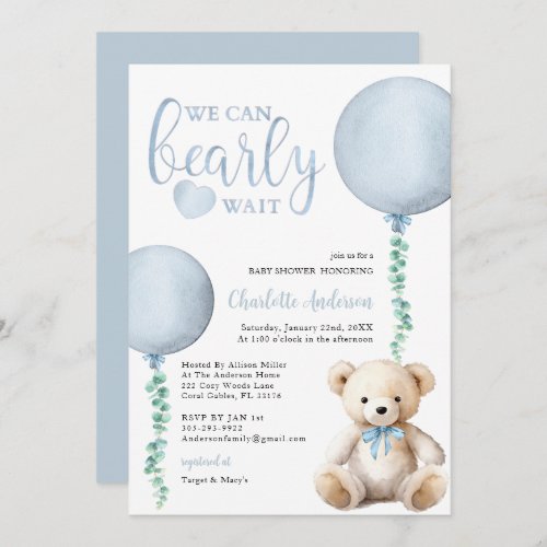 We Can Bearly Wait Eucalyptus Blue Baby Shower Invitation