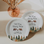 We Can Bearly Wait Fall Baby Shower  Paper Plates<br><div class="desc">Watercolor pine trees and bear fall themed baby shower paper plates.</div>