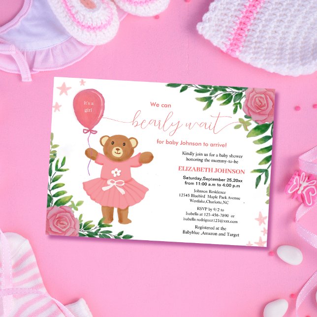 we can bearly wait floral teddy girl baby shower invitation (Creator Uploaded)
